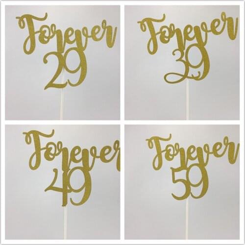 11.25*15cm Gold Glitter Forever 29/39/49/59 Cake Toppers for 30th/40th/50th/60th Birthday Party Anniversay Cake Decorations