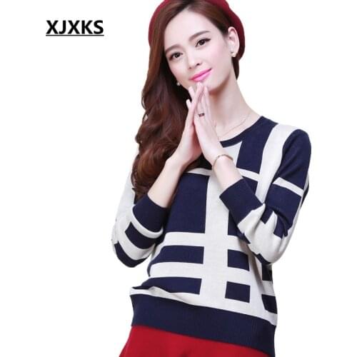 XJXKS New 2017 Fashion Plaid Sweater Women Sweaters and Pullovers O-Neck Long Sleeve Jumper Knitted Sweater