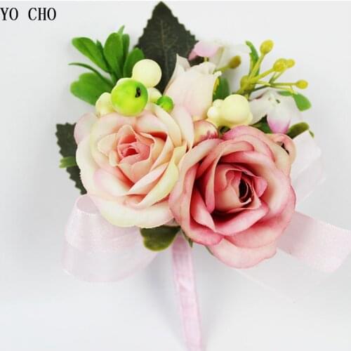 YO CHO Woman Wrist Corsage Rose Flower Decorative Berries Man Boutonniere Dress Accessories for Wedding Party Business