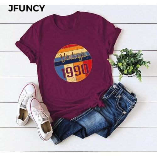 JFUNCY Vintage 1990 Print Plus Size Women T-Shirt O Neck Short Sleeve Women T Shirt 100% Cotton Summer Tees Tops