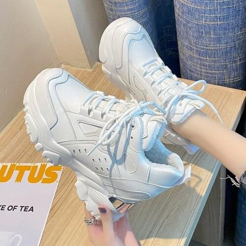 Rimocy Womens Winter Chunky Sneakers White Black Ladies High Platform Height Increasing Shoes Woman Lace Up Warm Short Boots