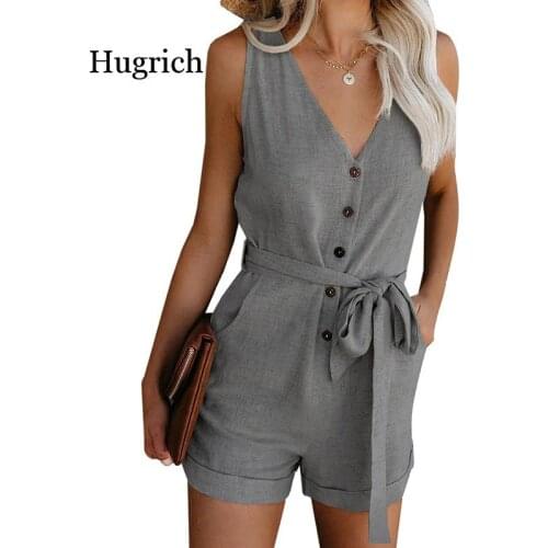Solid Color Jumpsuit Womens 2021 Summer New Casual V-Neck Bow Five Point Shorts