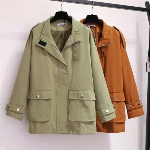 2019 Plus size XXL-6XL casual windbreaker women vintage workwear trench coat oversize cotton outerwear autumn winter tops G693