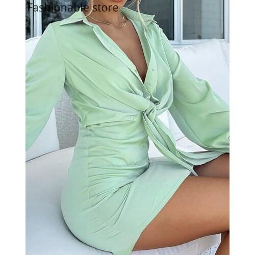 Women Solid Color Butterfly Sleeve Tie Front Satin Shirt Dress