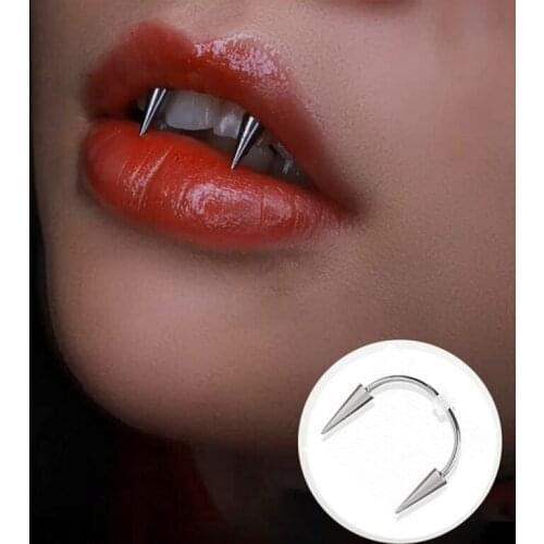 2pcs/set Stainless Steel C Bar Smile Lip Tiger Teeth Nail Vampire Body Piercing Jewelry Halloween Cosplay