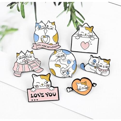 20/Lot 7 Styles Cat I Love You Brooch Pin For Lapel Figure Toys