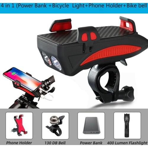 4 In 1 Bicycle Front Light Mobile Phone Holder with Bicycle Bell Function USB Rechargeable Power Bank MTB Bike Flashlight