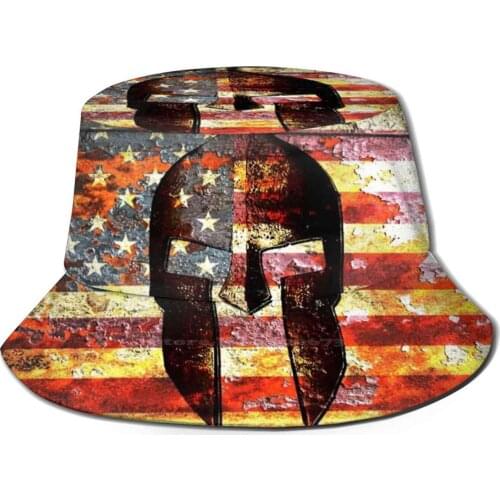 American Flag And Helmet On Rusted Metal Door - Molon Labe Bucket Hat Beach Tourism Hats Breathable Sun Cap Gun Rights Rust