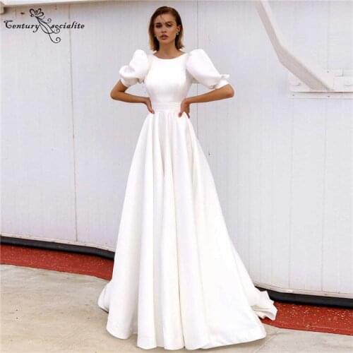 Boho Satin Wedding Dresses for Women Bride 2021 Short Puff Sleeve A-Line Beach Bridal Gowns Marriage Dress Vestido De Noiva