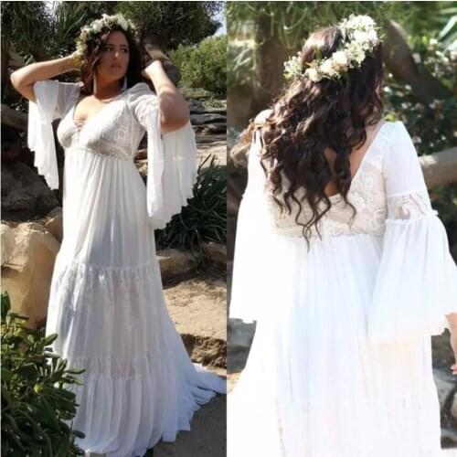 Bohemian Long Flare Sleeve Wedding Dresses 2021 Lace Chiffon Hippie Style V-neck Backless Country Beach Bridal Gowns Modest