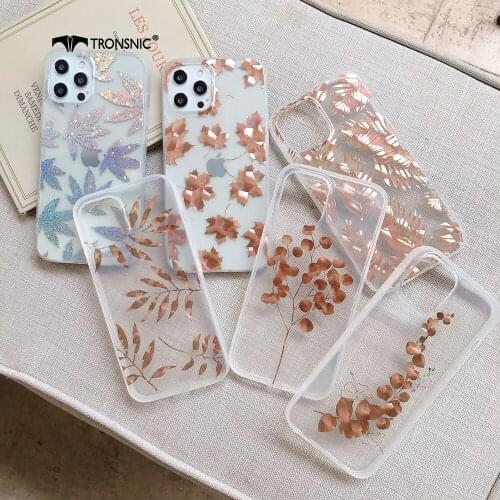 Flower Leaf Laser Phone Case for iPhone 12 11 Pro Max XR Xs MAX Soft Glossy Gold Clear Case for iPhone 7 8 Plus Cover Capa Funda