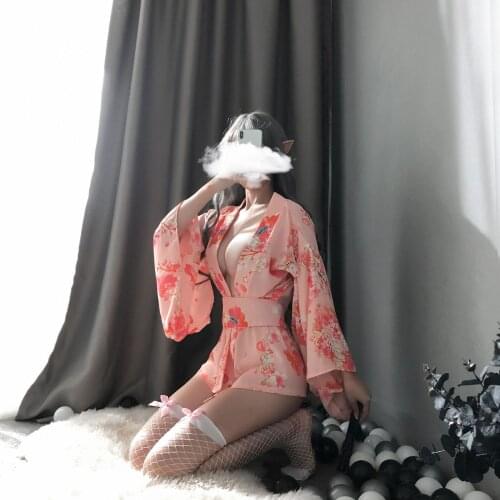 Japanese Kimono Sexy Cosplay Outfit for Women Traditional Style Robe Yukata Costumes Pajamas Soft Silk Set robe belt G-string