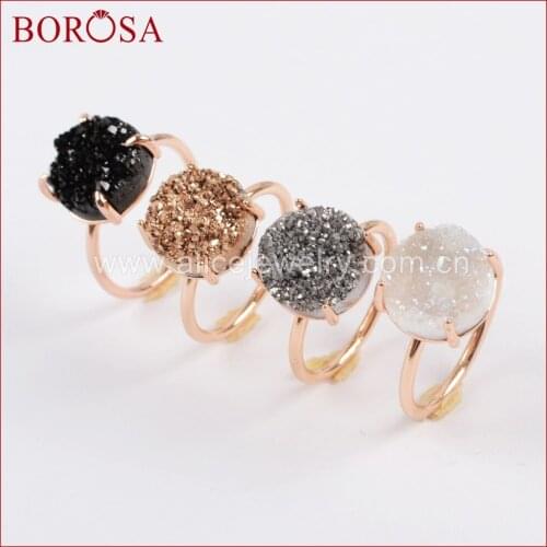 BOROSA 12mm Round Rose Gold Claw Titanium Natural Druzy Quartz Stone Drusy Ring High Quality Fashion Gems Ring ZG0166