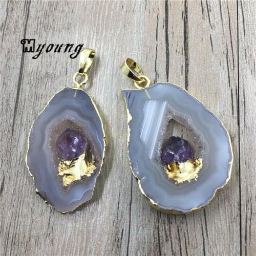 Agates Druzy Geode Slice Pendant With Gold Edges,Natural Agates Quartz Pendant With Amethysts Point Embedded MY0037