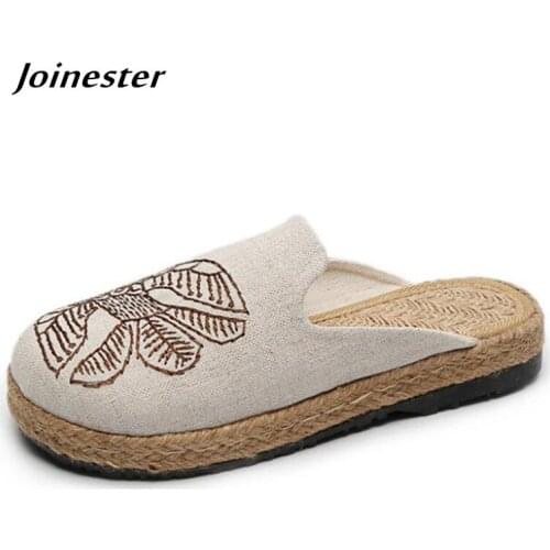 Summer Women Flat Slippers Bohemia Wide Width Hemp Slides Ladies Embroidered Casual Comfort Shoes Woman Vintage Beach Sandals