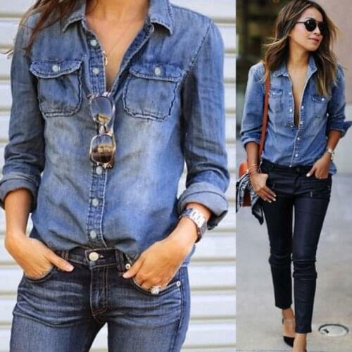 Fashion Womens Casual Blue Jean Denim Long Sleeve Shirt Tops Blouse Jacket