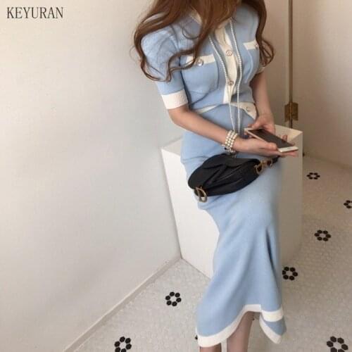 Fashion Korean Elegant Knitted 2 Pieces Sets Hit Color Single Breasted Short Sleeve O-neck Tops + High Waist Long Skirt Suit