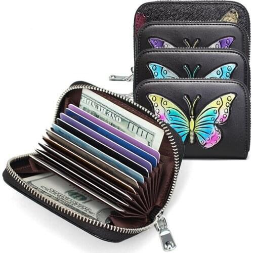 Fashion Genuine Leather Mini Wallet Women Business Card Holder Female Butterfly Cowhide Travel Zipper Card Bag Ladies Coin Purse