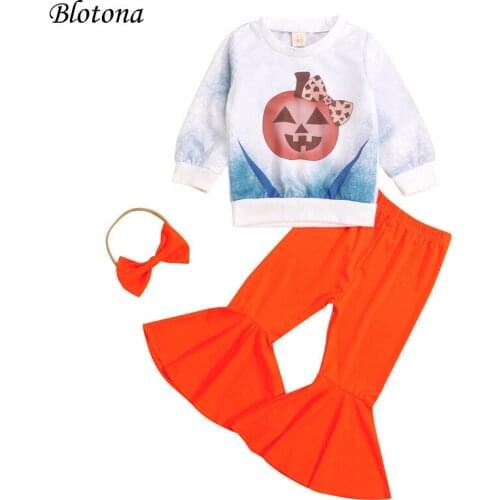 Blotona 3Pcs Kids Girls Halloween Set, Pumpkin Print O-Neck Long Sleeve Tops+ Solid Color Flared Trousers+ Hairband, 1-5 Years