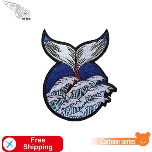 Blue Seas with Fish Tail Embroidery Patch Japanese Style Iron on for Clothing Twill Badges Bag Shirt Art Applique Free Shipping