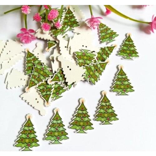 50PCs Christmas tree Buttons Printing Pattern Wooden Buttons DIY Scrapbooking DecorationAccessories For DIY