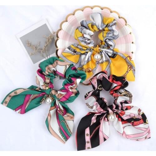 10pcs Summer Korean Rabbit Ears Ponytail Holders printed Bow Knotted Large Intestine Scrunchies Hair Rope Female Rubber Band