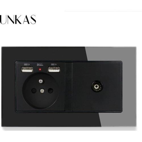 UNKAS Luxury glass panel 2 Gang Wall Power 16A French Standard Electrical+USB Charge Port With Female TV Jack Double Outlet