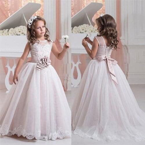 Light Pink Custom Made Lace First Communion Evening Prom Party Formal Birthday Pageant Princess Kids Flower Girl Dresses