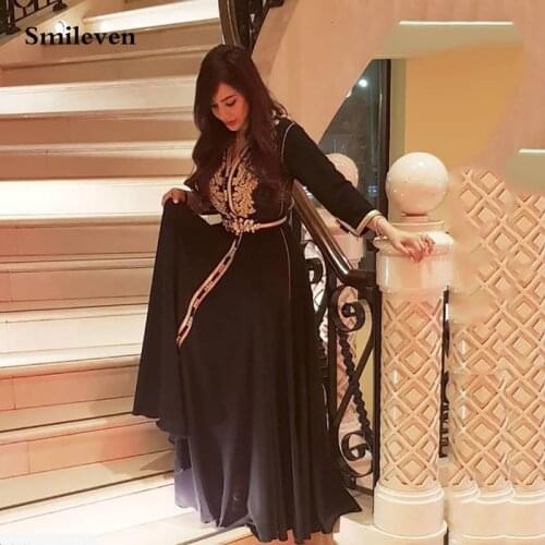 Smileven Black Chiffon Moroccan Kaftan V Neck Formal Evening Dress Long Sleeve Lace Muslim Dubai Special Occasion Dress