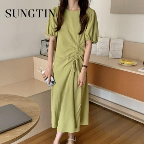 Sungtin Drawstring Puff Sleeve Maxi Dresses Women Summer Korean Design Simple Long Dresses Fashion Solid O Neck Empire Vestidos