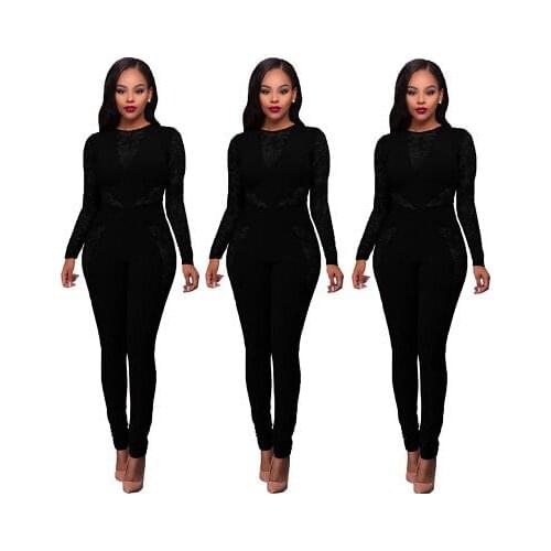 Womens Slim Lace Floral Crochet Evening Party Playsuit Ladies Long Sleeve Bodycon Romper Jumpsuit Trousers Clothing Clubwear Top