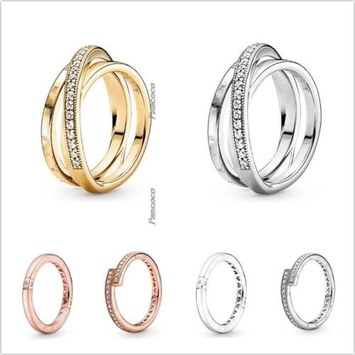 Authentic 925 Sterling Silver Crossover Pave Triple Band Ring For Women Wedding Party Europe Fashion Jewelry