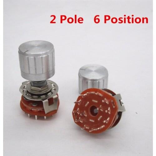 10pcs High-quality Shaft Panel Mount 2P6T Rotary Switch Selector Band 2 Pole Position 6 RS25 +10pcs White aluminium alloy knob