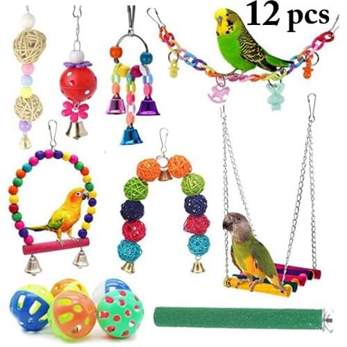 12PCS Random Color Parrot Toy Set Various Bird Swing Toys Bird Cage Toys for Parakeets Standing Training Toys Accessories