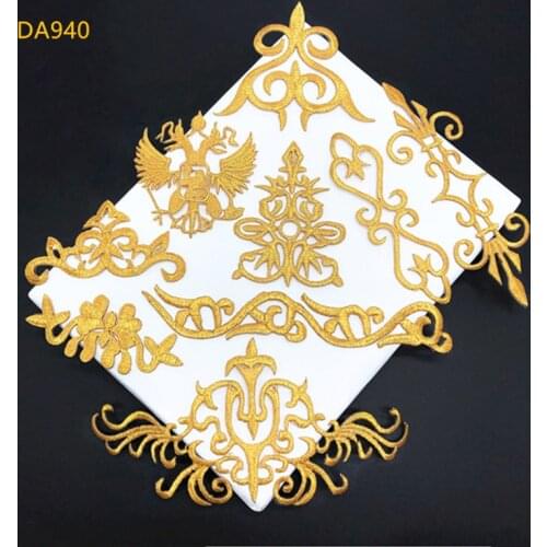 5Pcs retro many style gold Patches Stickers Ironing on clothes DIY Badges Embroidered Lace Applique For DIY Wedding Dress DA940