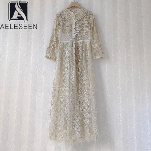 AELESEEN Luxury Women Lace Dress Spring Autumn Full Sleeve 3D Ruffles Flower Embroidery Slim Maxi Long Party Dress