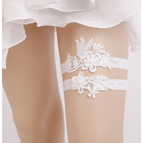 White Lace Embroidery Floral Beading Sexy Wedding Garters 2pcs set for Women Bride Accessories Thigh Ring Bridal Leg Garter