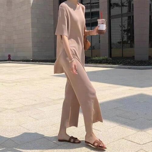 Trouser Suits Two Piece Set Soft Womens Knitwear 2021 Summer New Pullover Top + Wide Led Pant Casual