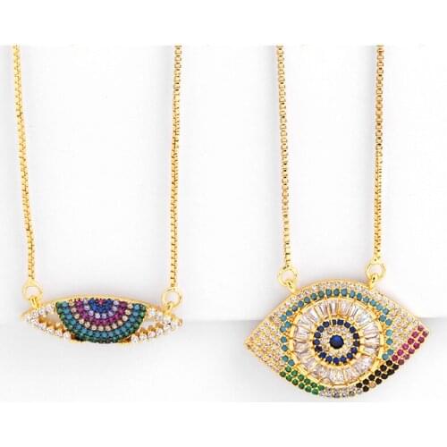 EYIKA Bohemian rainbow Cubic Zirconia hamsa pendant Necklace Women Beach Jewelry box chain collares de moda Devils Eye/Heart