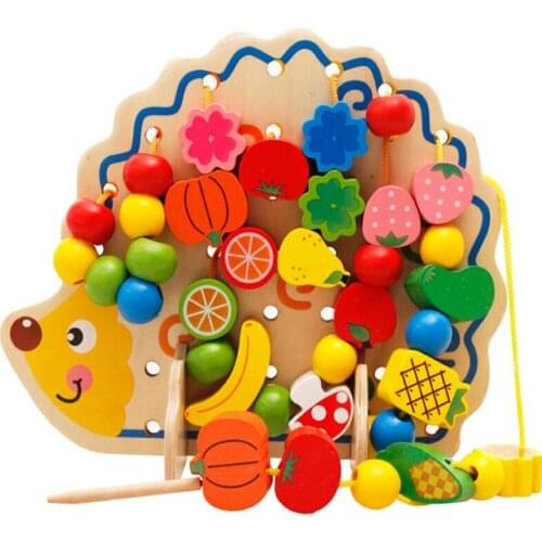 Wooden DIY Montessori Educational toy Fruits Vegetables Lacing Stringing Beads Toys With Hedgehog Board For Kids Children Gift