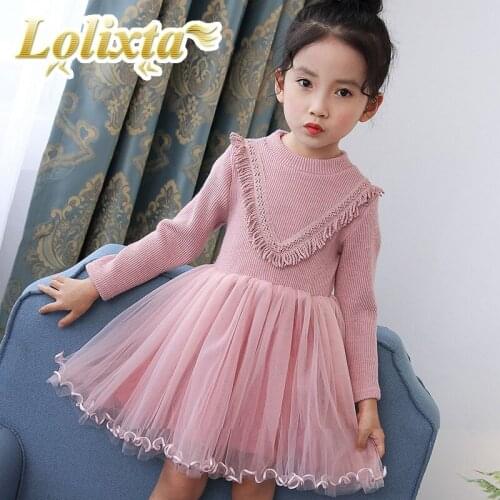 Kids 2-12 years winter warm knit princess dresses for girls toddler casual plush chiffon lace ball gown juniors children clothes