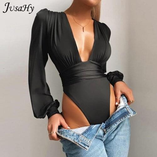 Jusahy Elegant Solid Bodysuit Women Long Sleeves Sexy Deep V-Neck Fashion Clothing Ladies Casual Slim Body Suits