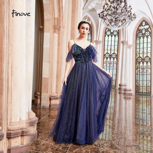 Finove Purple Prom Dresses 2020 Elegant Beading Spaghetti Straps A Line Long Dresses V Neck Backles Vestidos De Fiesta