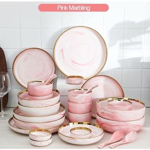 Ceramic Plate Bowl Spoon Dessert Steak Dinner Set Porcelain Pink Marble Striped Full Tableware Of Dish Decorative Food Tray 2021