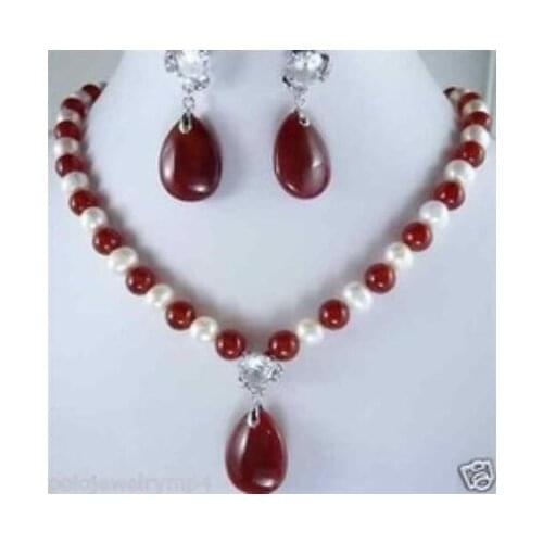 Fine Lovely Wonderful word White Pearl & Red stone crystal pendants Necklace Earring Set AAA gem womens jewelry s