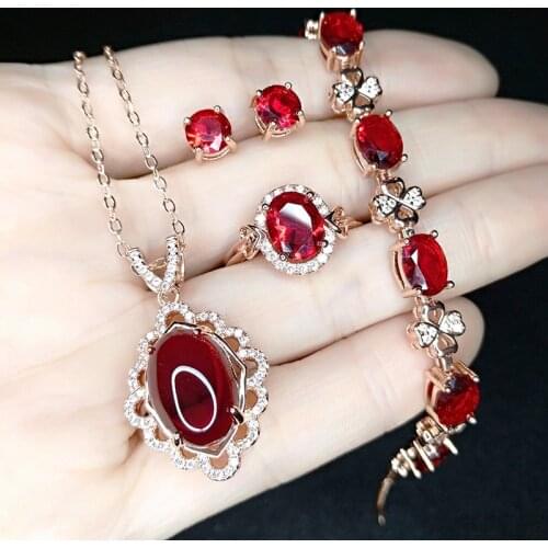 MIQIAO Gold Plated Red Stone Luxury Vintage Pendant Collar Necklace Ring Bracelet Stud Earring Jewelry Set for Women Wedding Gif