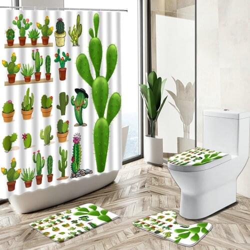 Cartoon Cactus Shower Curtain Green Plant Potted Child Bathroom Set Fun Hand Painted Art Non-Slip Carpet Toilet Cover Floor Mat