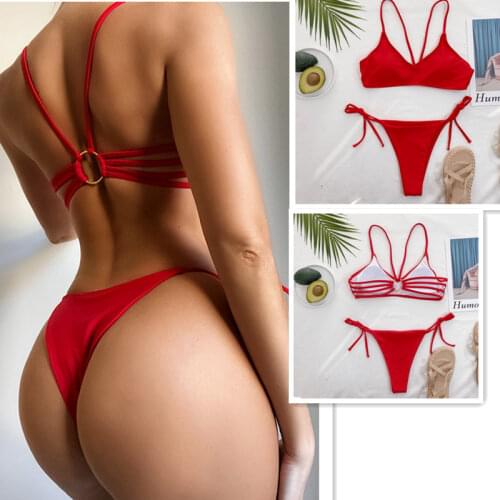 2021 Summer New Bikini European and American Sexy Solid Color Strap Swimsuit Beach High Waist Split Swimsuit