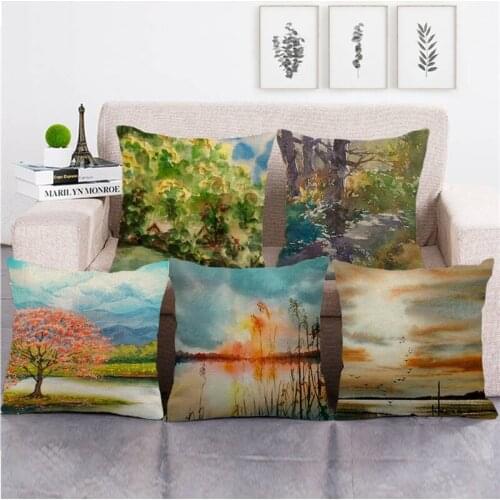 Wholesale pillowcase forest in mountain design cushion cover linen/cotton sofa pillow cover decorative pillows