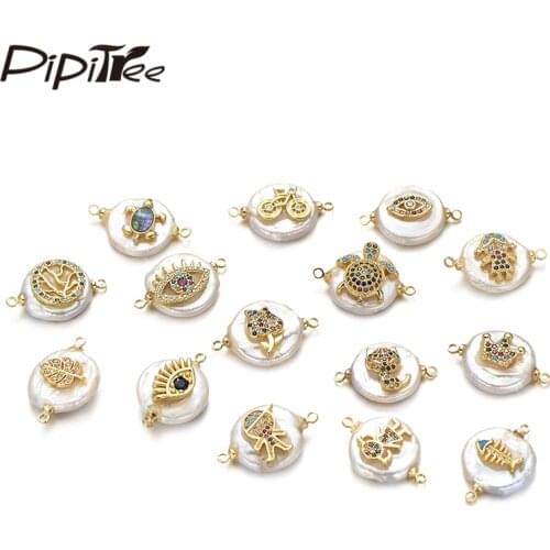 Pipitree Natural Shell CZ Zircon Turtle Life Tree Boy Girl Crown Evil Eye Charms fit Bracelet Necklace DIY Round Charms Jewelry